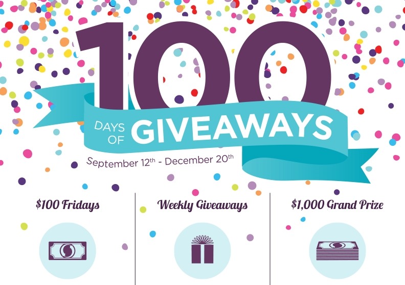 Promotional graphic for 100 Days of Giveaways with confetti