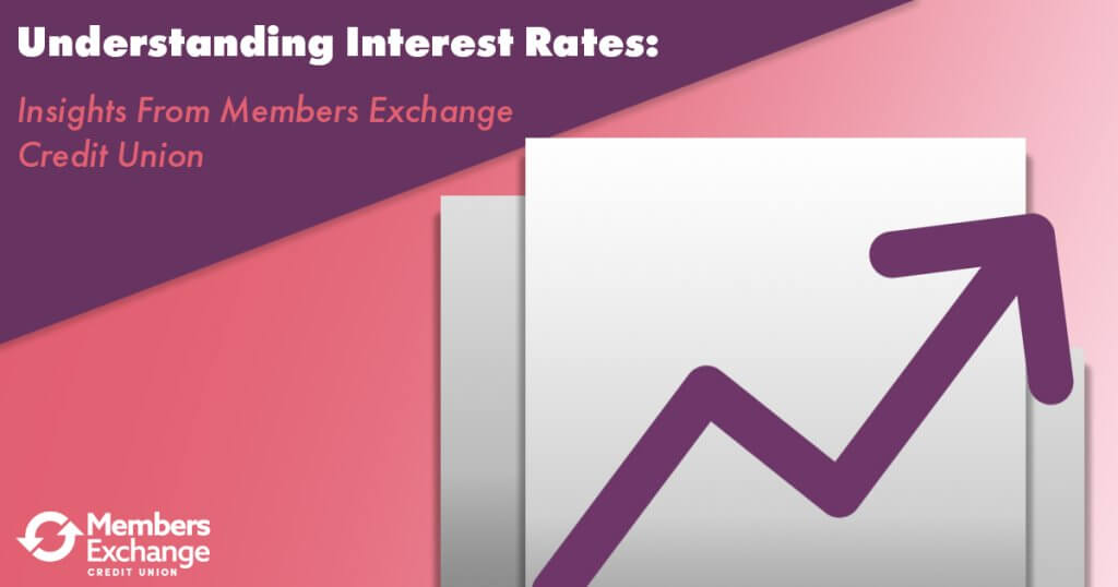 Graphic illustration of rising and falling interest rates impacting financial products like loans, savings, and credit cards.