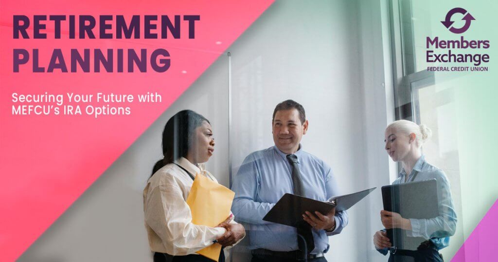 A group of diverse individuals, `including seniors and young adults, discussing retirement planning options at Members Exchange Federal Credit Union.