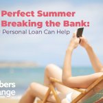 Woman relaxing on the beach with phone in hand, promoting affordable summer planning with a MEFCU personal loan.