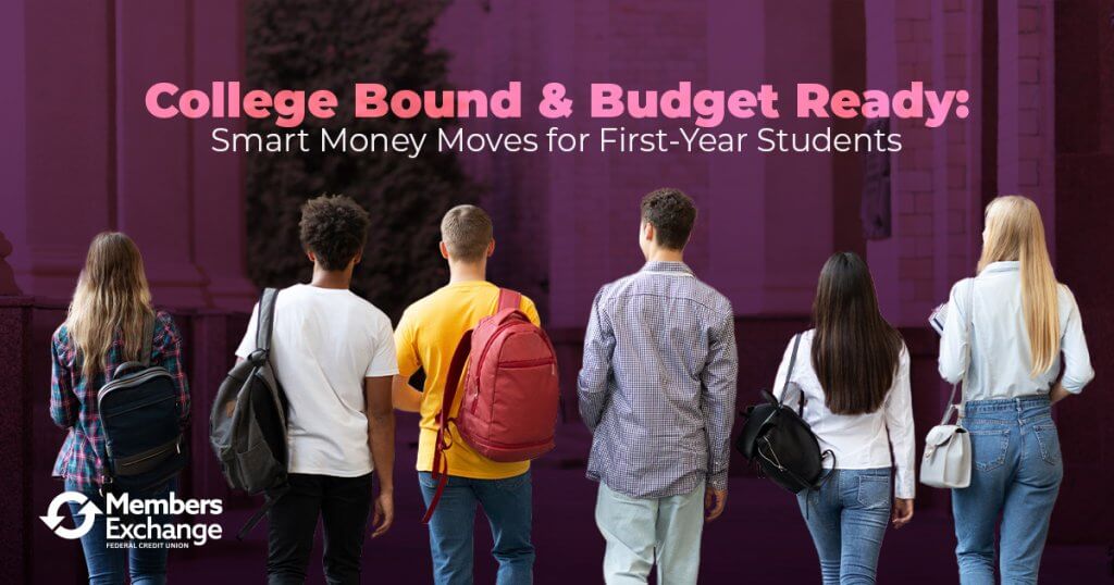 Group of diverse college students with backpacks walking toward a campus building, representing budgeting tips for first-year college students.
