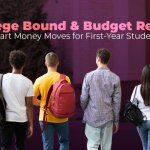 Group of diverse college students with backpacks walking toward a campus building, representing budgeting tips for first-year college students.