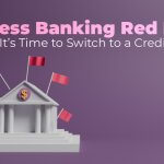 Illustration of a traditional bank building with red flags, symbolizing warning signs in business banking, promoting the benefits of switching to a credit union.