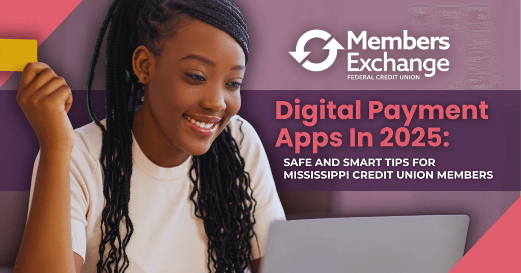 Smiling young woman using a laptop while holding a card, representing safe use of digital payment apps in 2025 for Mississippi credit union members.
