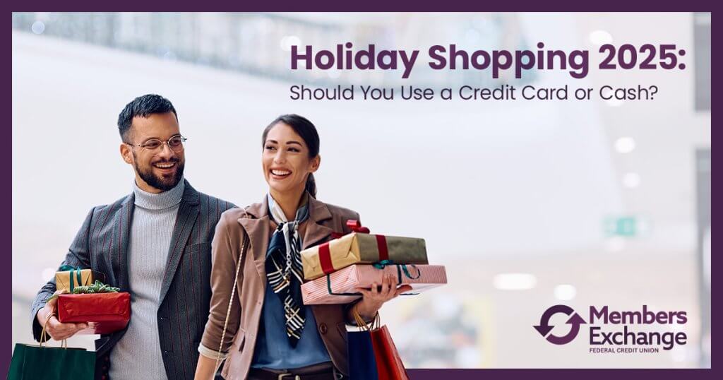 Smiling couple holiday shopping and holding gift bags—learn if using a credit card or cash is best for your 2025 holiday budget.