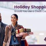 Smiling couple holiday shopping and holding gift bags—learn if using a credit card or cash is best for your 2025 holiday budget.