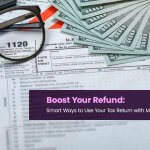 Tax documents, calculator, and U.S. currency shown with headline about using a 2026 tax refund wisely with Members Exchange Federal Credit Union