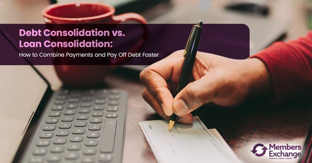 Person writing a check beside a calculator for debt consolidation vs. loan consolidation tips