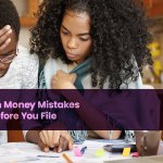 Couple reviewing bills and tax paperwork to avoid tax season money mistakes before filing